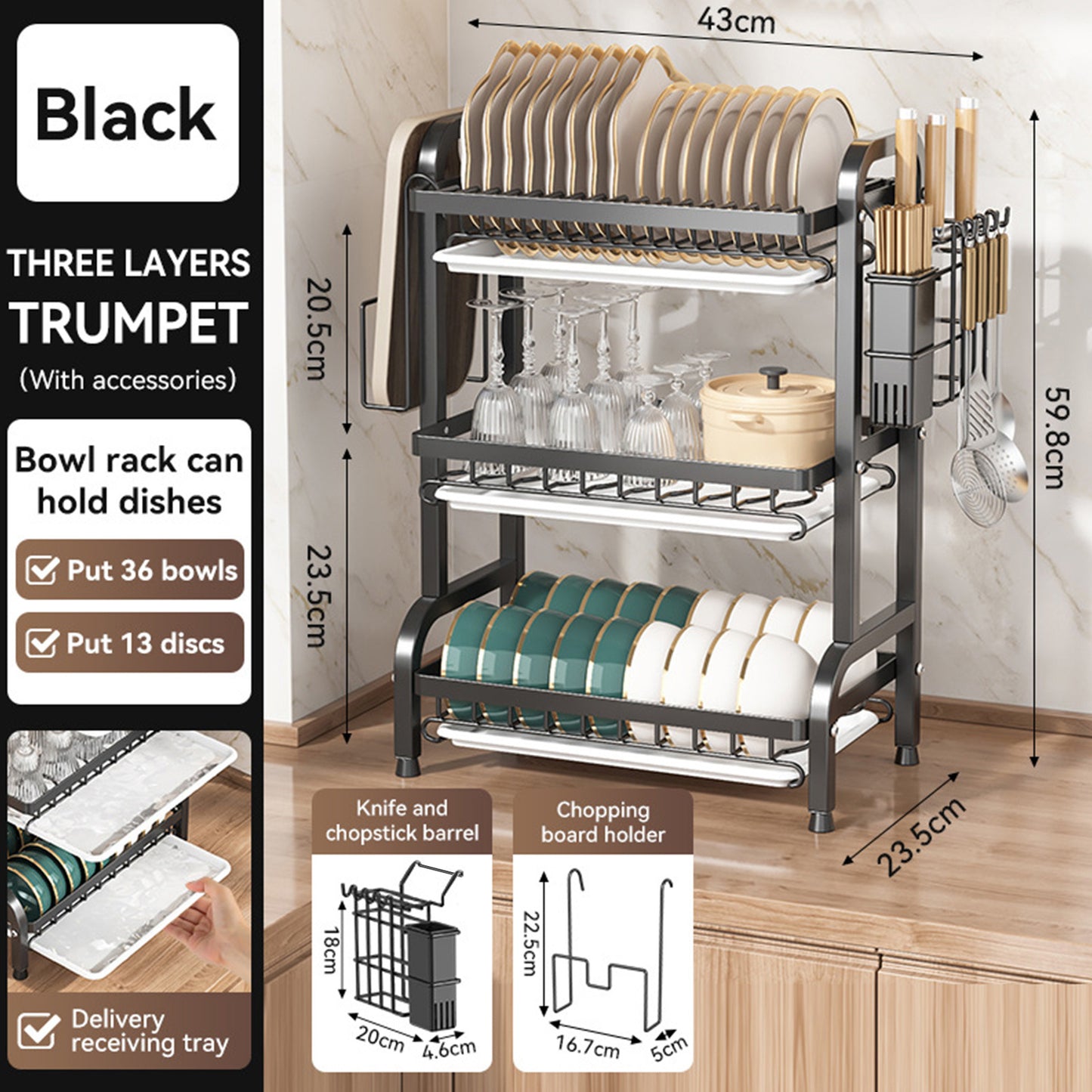Cutlery Storage Rack, 3-Tier with Drainage, Knife, Knife Rack And Cutting Board Storage Stand, Multi-Functional Bowl And Dish Drainer, Suitable for Kitchen Countertop And Cabinet, Kitchen Organization And Storage.