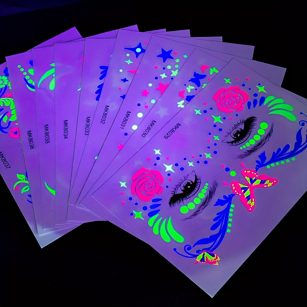 9 Sheets Neon Temporary Tattoos, Blacklight Waterproof Tattoo Stickers, Facial & Body Art Makeup for Night Parties, Music Festivals, and Events, Various Design