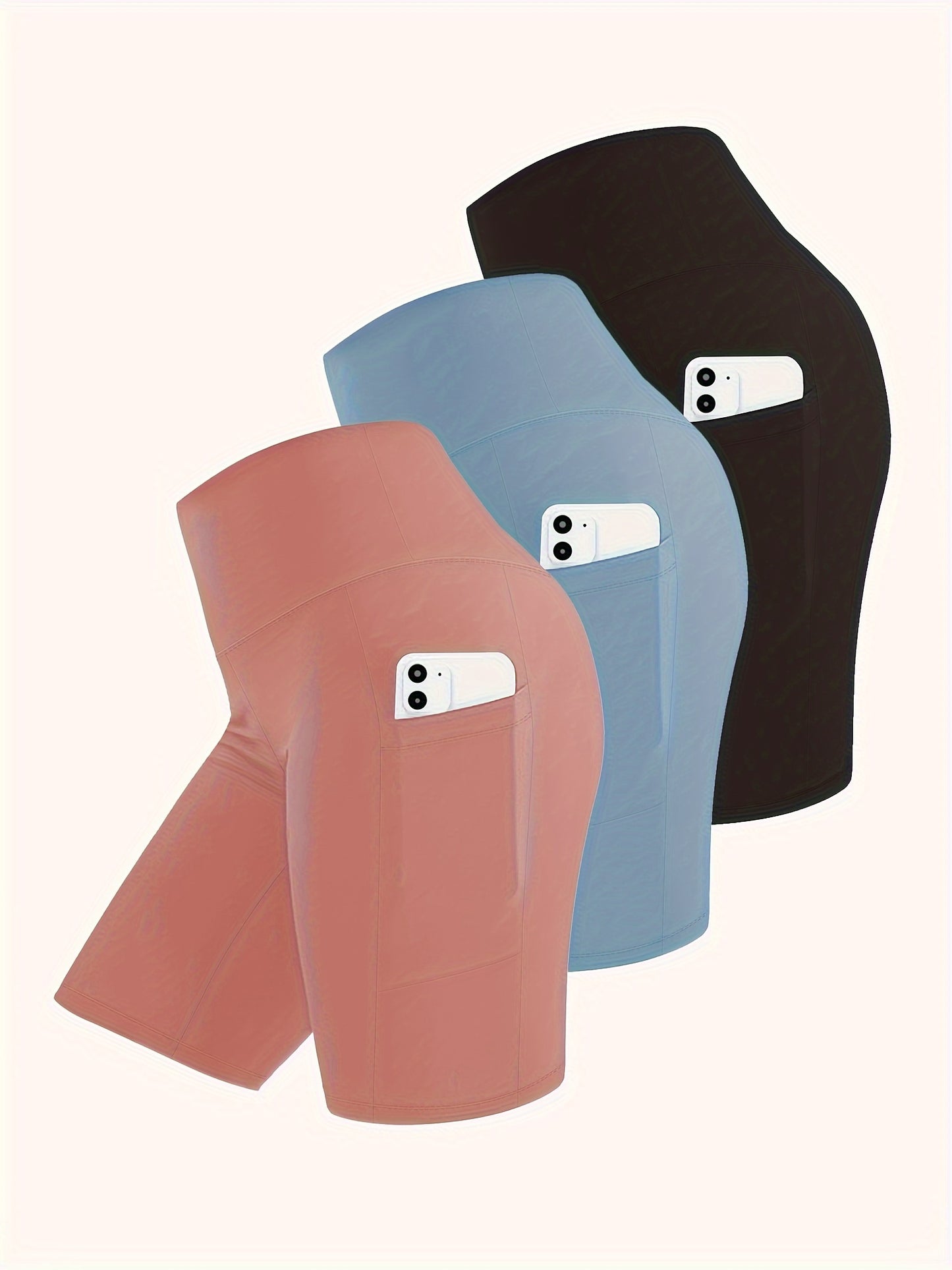 3pcs High-Waisted Stretchy Women's Yoga & Fitness Shorts | Solid Color, Zipper Pockets, Summer Activewear, Summer Workout Gear