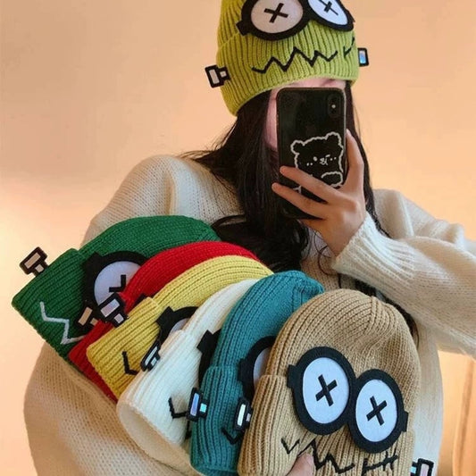 Cute Unisex Cuffed Beanie with Large-Eye Monster Face & Pastel Colors - Oversized Snug Fit Winter Hat, Lightweight Warm Earflap for Men & Women, Casual & Themed Events (Hand Wash Only) - Soft Stretchy Fabric for All Head Size