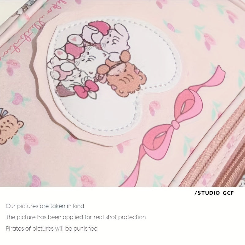 Cute Pink Synthetic Leather Makeup Bag - Large Capacity, Adorable Bear & Heart Design, 1pc | Perfect for Women's Cosmetics Storage