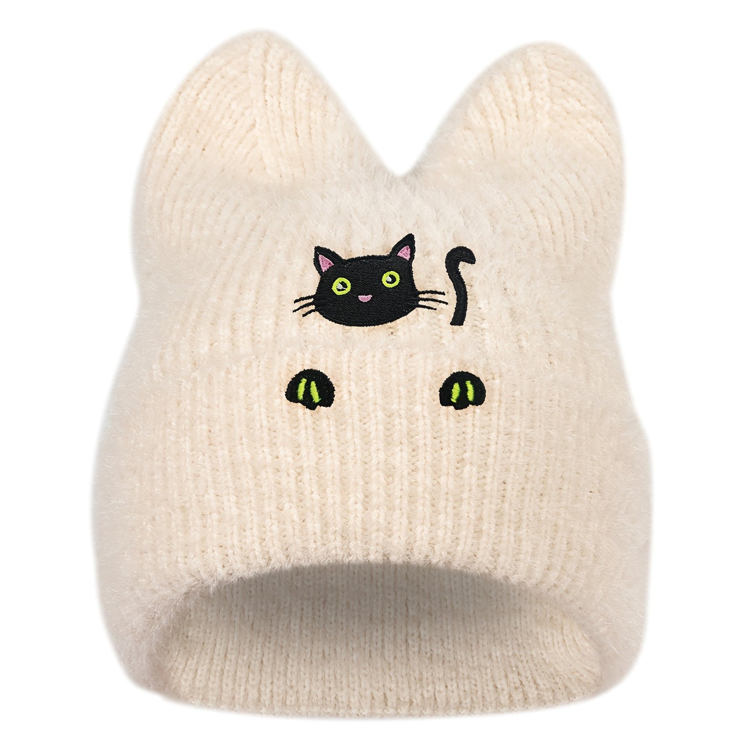 Black Cat Winter Knit Skull Cap with Cat Ears