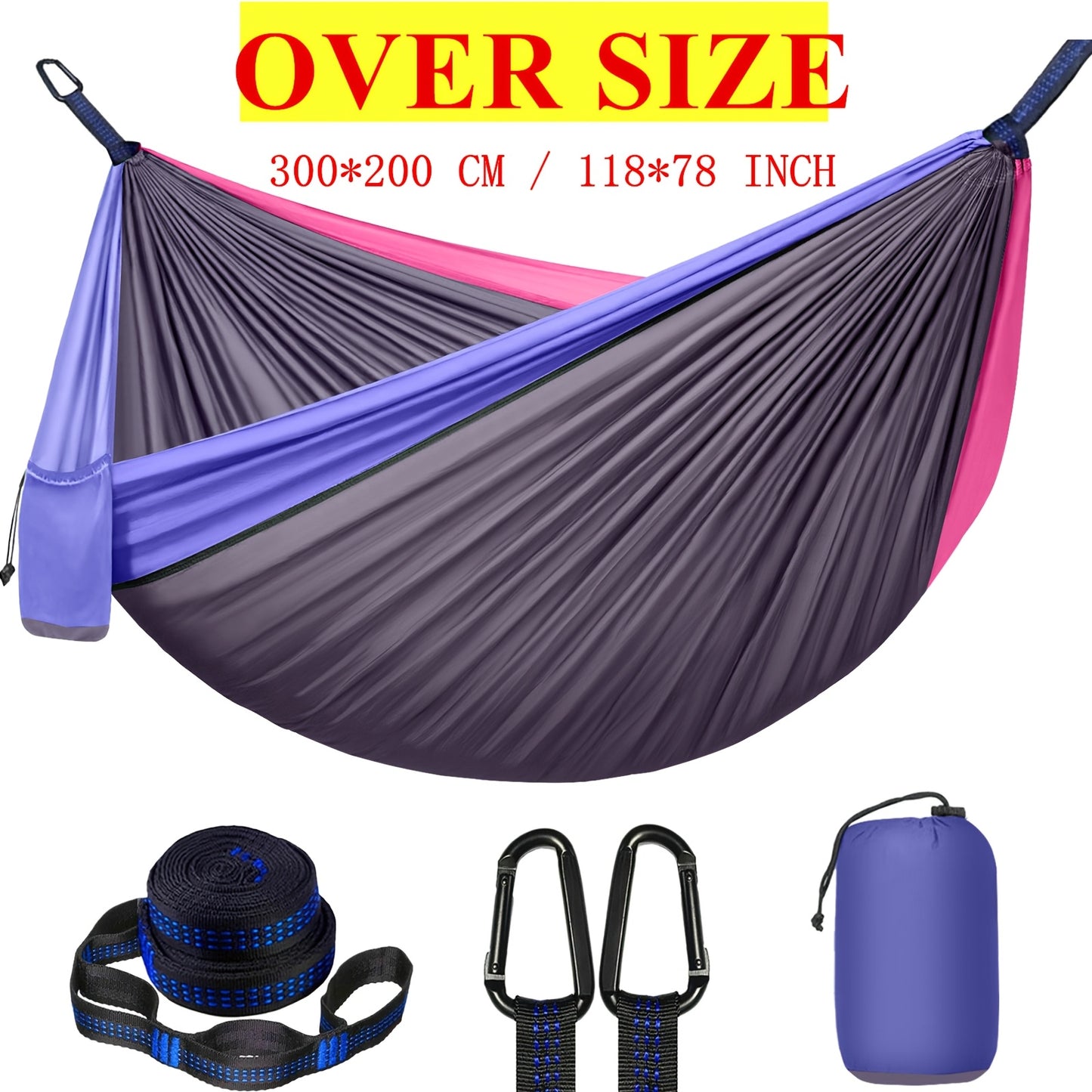 Extra-Large Double Camping Hammock, 3m x 2m (300*200cm), Includes Two 2m Tree Straps, Two D-Shaped Stainless Steel Hooks, and a Storage Bag, Each Tree Strap 8+1 Rings, Portable Hammock Made of 210T Parachute Material. Durable