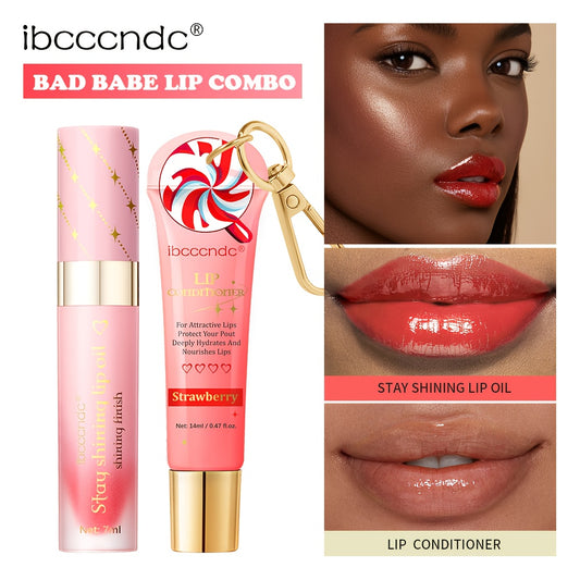 Bad Girl Lip Combo, Includes 2 Lip Oils, Strawberry Flavour, Tinted Lip Oil, Moisturizing And Nourishing, Winter Lip Care,