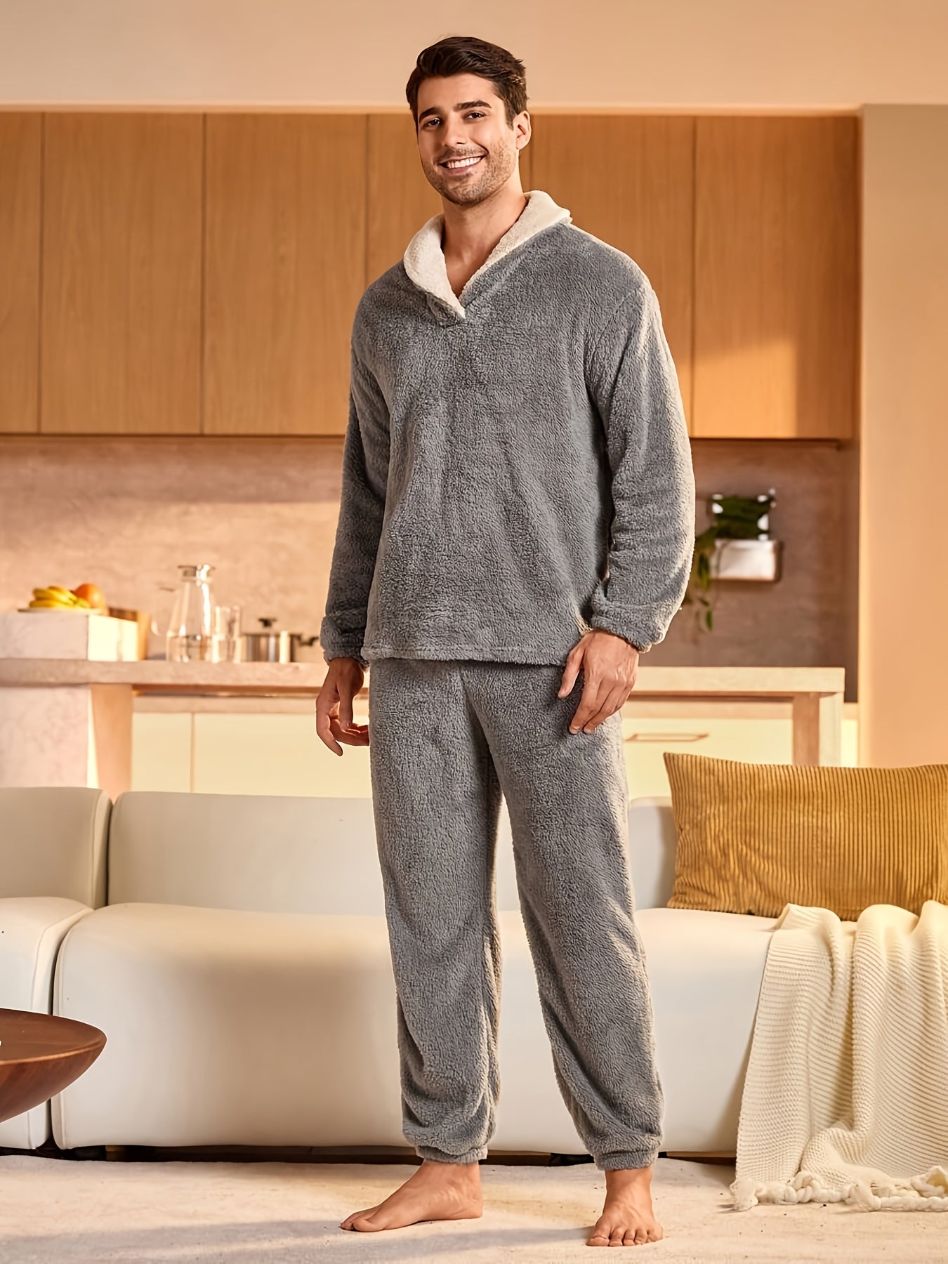 Men's 2pcs Winter Pajama Set - Heavy-Duty Coral Full-Zip Lounge Wear, Soft Thermal Long Sleeve Pajamas with Pants & Top.