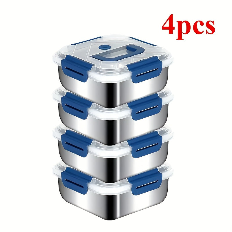 1/2/4pcs Stainless Steel Leakproof Food Storage Container with Blue Lid - Microwave Safe, Reusable, Ideal for Refrigerator & Bento Boxes, Kitchen Essentials, Universal Fit for Outdoor Cooking & Meal Prep