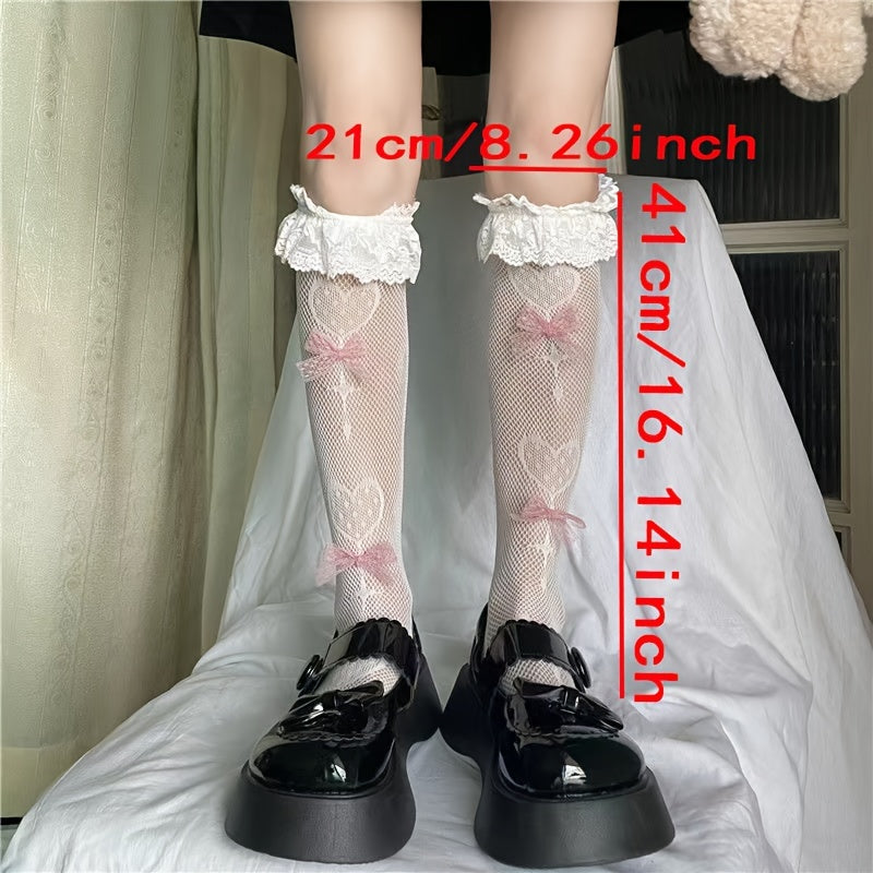 1 Pair Lolita Style Lace Trim Bow Knee-High Socks - 100% Polyester Breathable Fishnet Sheer Thigh-High Socks with Pink Bow Accents for Women's Fashion & Lolita Style Cosplay, Cosplay Socks | Pastel Gothic Style | Breathable F