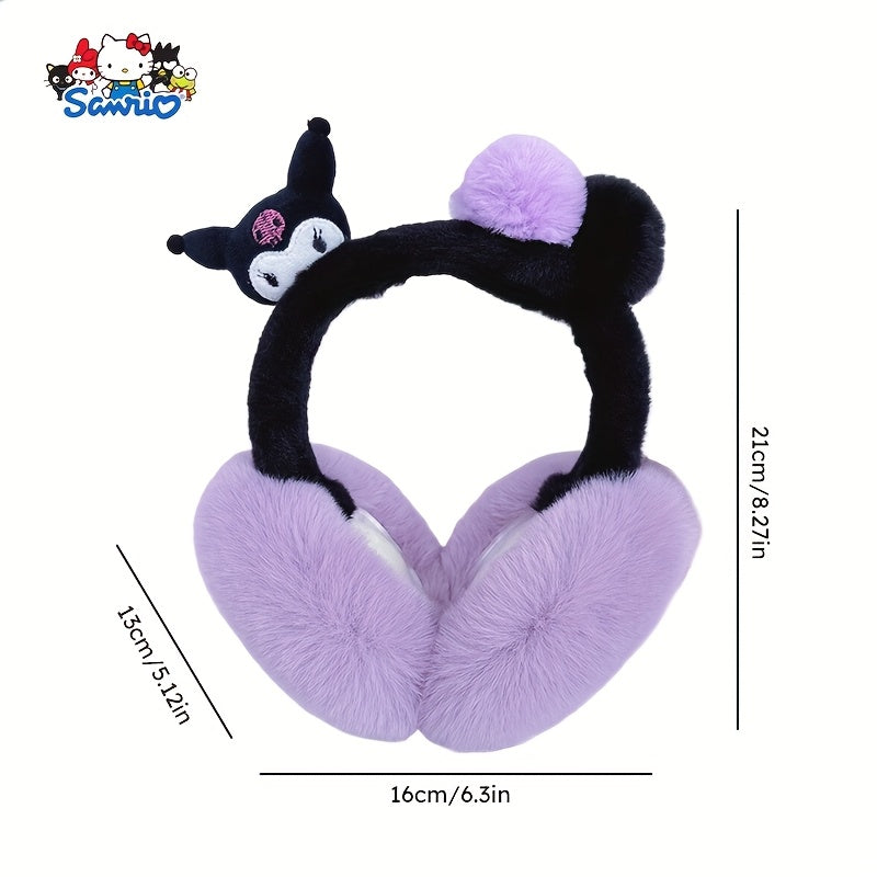Sanrio Women's Plush Earmuffs - Soft Winter Ear Warmers with Kuromi, Yugui Dog, Vanilla Roll Designs - Pastel Purple/Black/, Lightweight Portable Folding for Commuting, Travel, Everyday - Sanrio Collectible Gift, Outdoor Wear