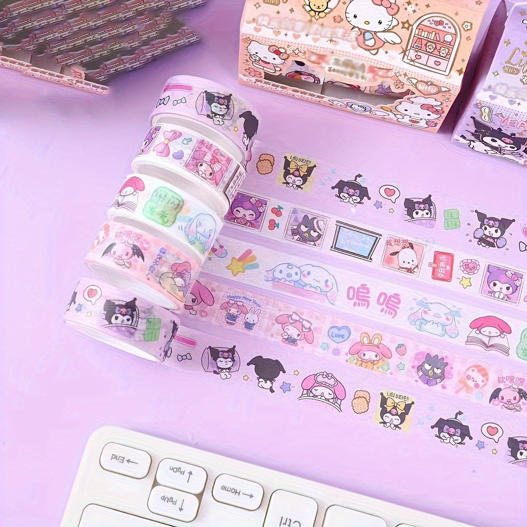 5pcs 4-in-1 Sanrio Hello Kitty Planner Washi Tape Kuromi Yugu Melody Gift Box Planner Tape Hello Kitty Planner Stickers Cartoon Stickers Gift Box Border Planner Stickers Sanrio Cartoon Handheld Stickers Tape Sanrio Random Del
