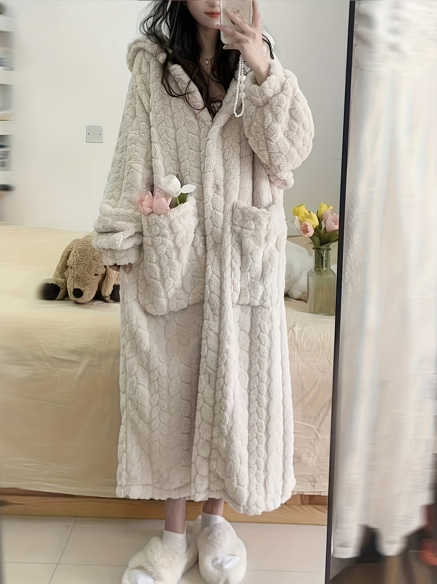 Cozy Coral Fleece Hooded Robe for Women - Long, Warm & Soft Lounge Dress with Pockets, Machine Washable - Perfect for Fall/Winter