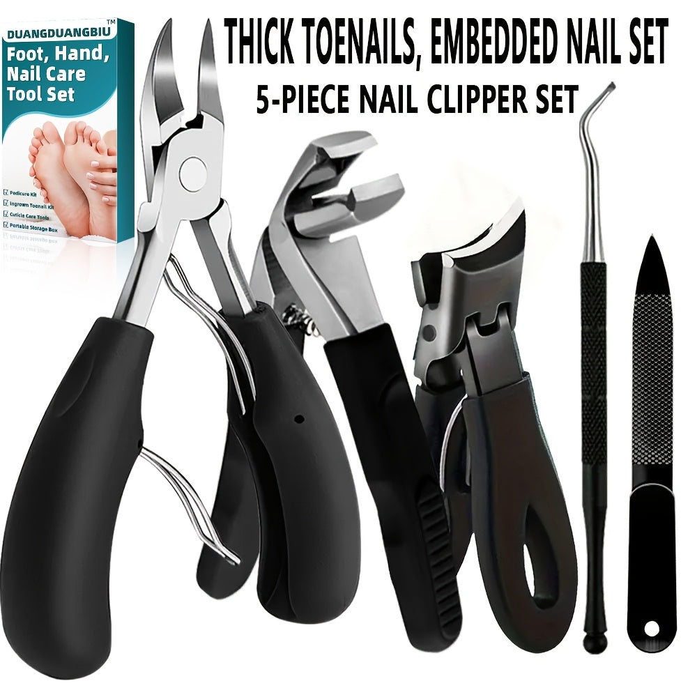 5pcs Stainless Steel Nail Care Kit for Ingrown & Thick Toenails - Heavy-Duty Clippers Set with Nail File, Cuticle Nippers, and Grooming Tools.