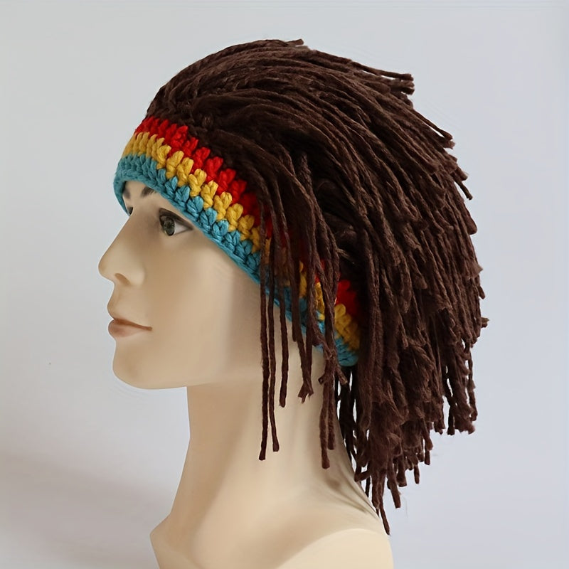 Men's Funky Knitted Beanie Hat with Attached Fake Hair -