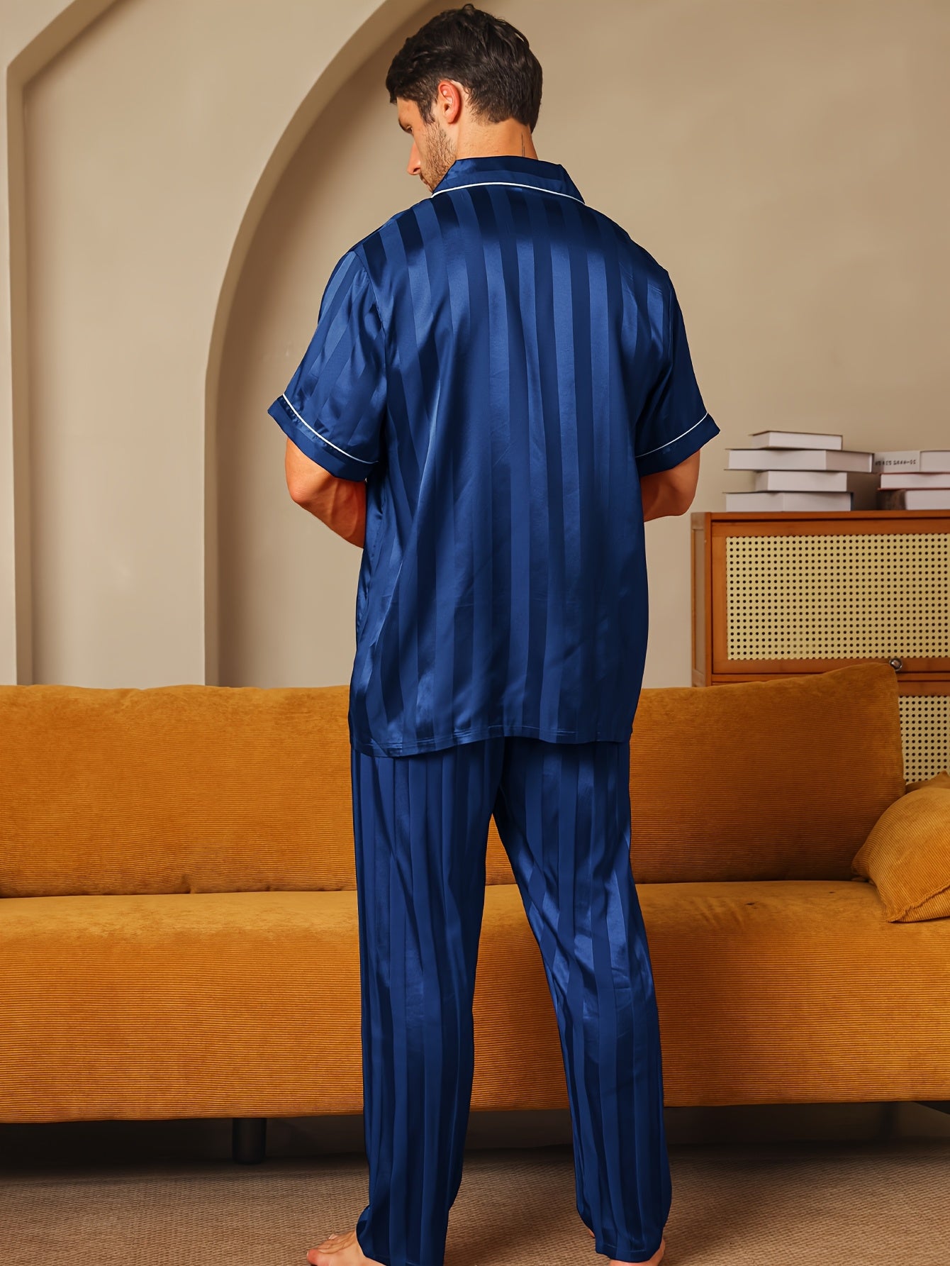 2pcs Men'S Pajama Set Short Sleeve Long Pants Thin Stripes with Embroidered Letters Summer Collar Cardigan Home wear Set