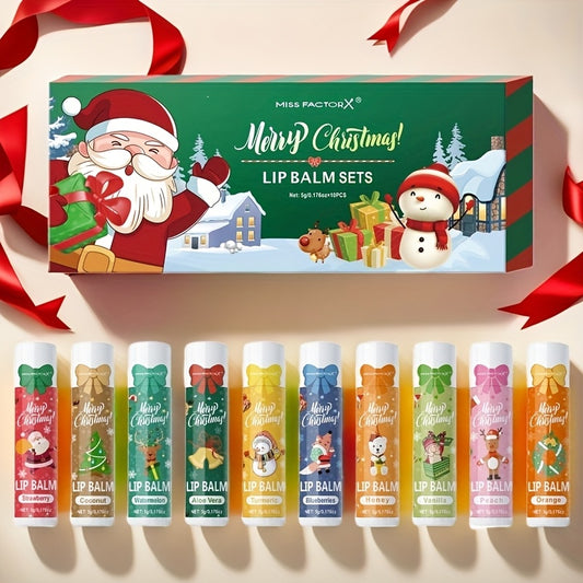 Gift Set 10pcs/Box Deep Hydration Long-Lasting Moisturizing Lip Balm Set Smooth Lips Christmas Theme Gift.