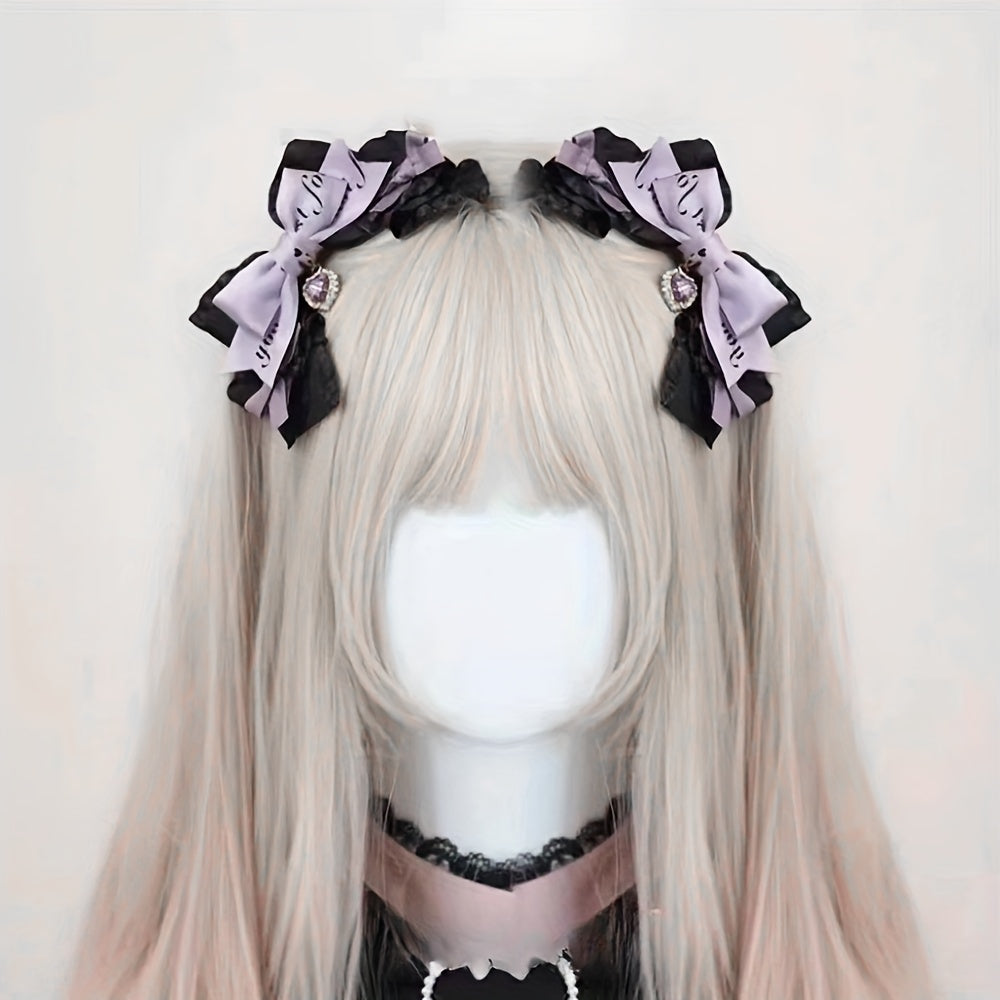 [Cute Hair Clip] Elegant Cute 1pc Fabric Bow Hair Clip | Black and Pink Handmade Japanese Sweet Cool Anime Accessory, Single Piece Color Matching Printed Hair Ring, Hair Accessory