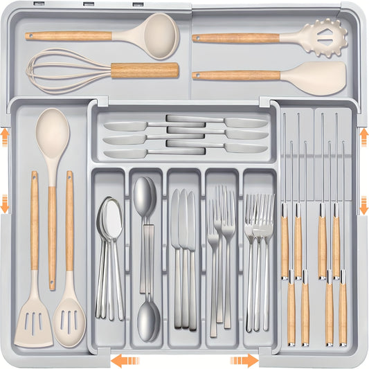 THELiFE Kitchen Cutlery Drawer Organizer, Expandable Cutlery Drawer Organizer with 2 Knife Holders, Cutlery Holder, Adjustable Plastic Spoon Fork Knife Organizer, Large, Gray