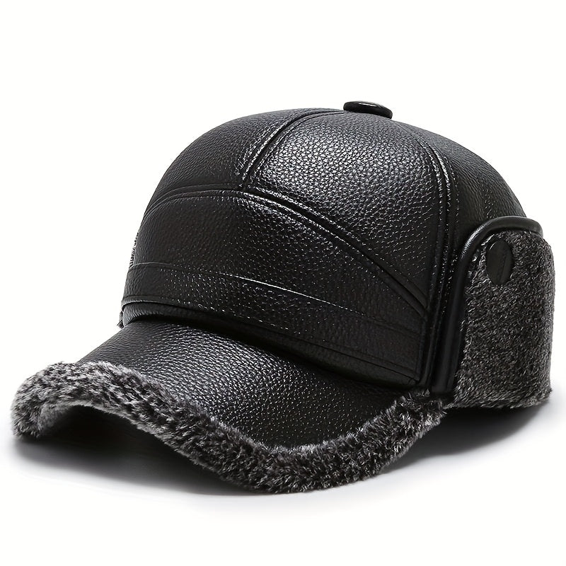Men's Winter Warm Hat Thickened Ear Flap Cap with Faux Leather
