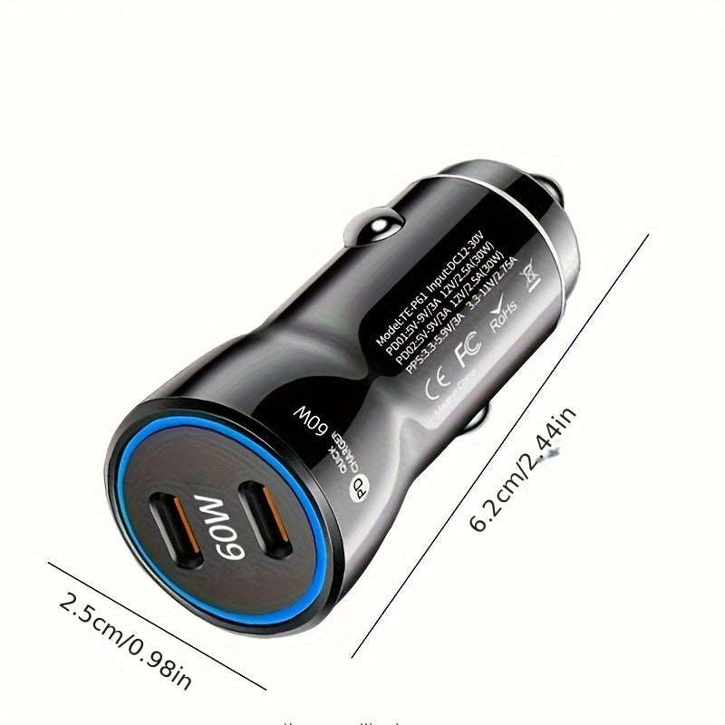 60W USB C Car Charger, USB-C Adapter Fast Charging Dual Port PD3.0 Type C Power Plug Compatible with iPhone16 15 14 13 12 11 Pro Max XR Samsung S23/22/21 Google Pixel 7 (Black/White)