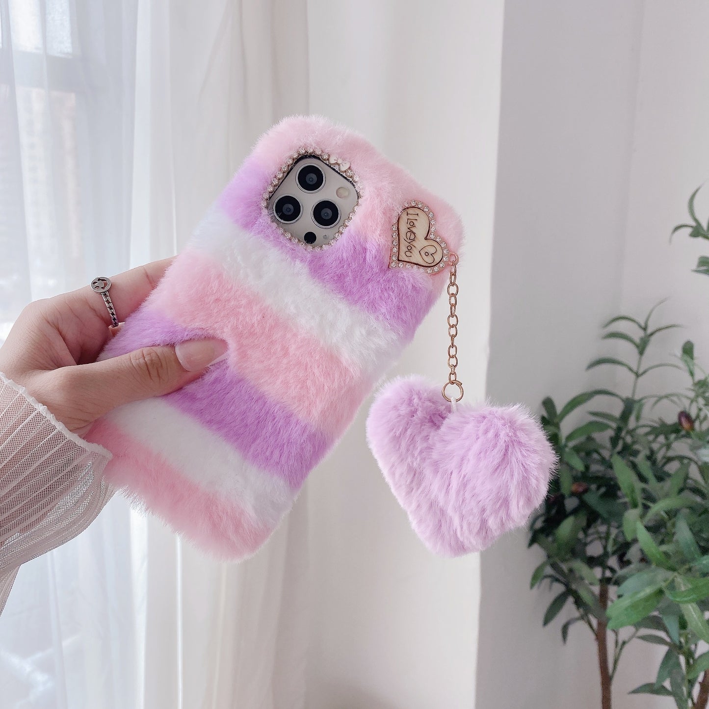 Plush Phone Case with a Purple Heart Pendant