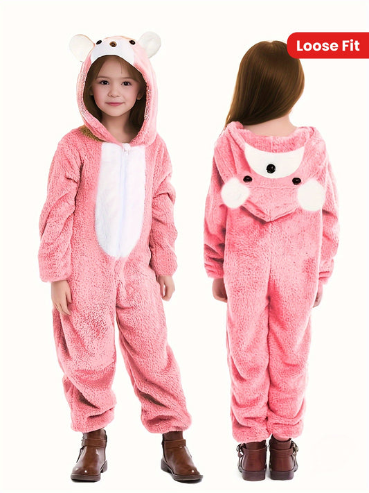 Pink Polar Bear Hooded Romper for Girls | Casual Knit Polyester, Long Sleeve, Loose Fit, Fall/Winter Sleepwear | Playful Design, Winter Sleepwear, Polar Bear Accessories