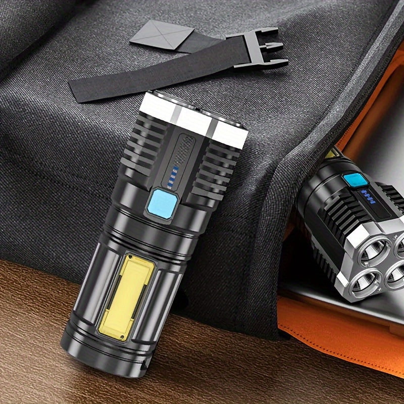 Super Bright 4 LED Tactical Flashlight with COB Side Lamp - USB Rechargeable, Metal Finish, 200 Lumens, 150m Range, ABS Material, No Laser, Rechargeable Battery, Tactical Flashlight|Modern Flashlight|Durable Construction, LED