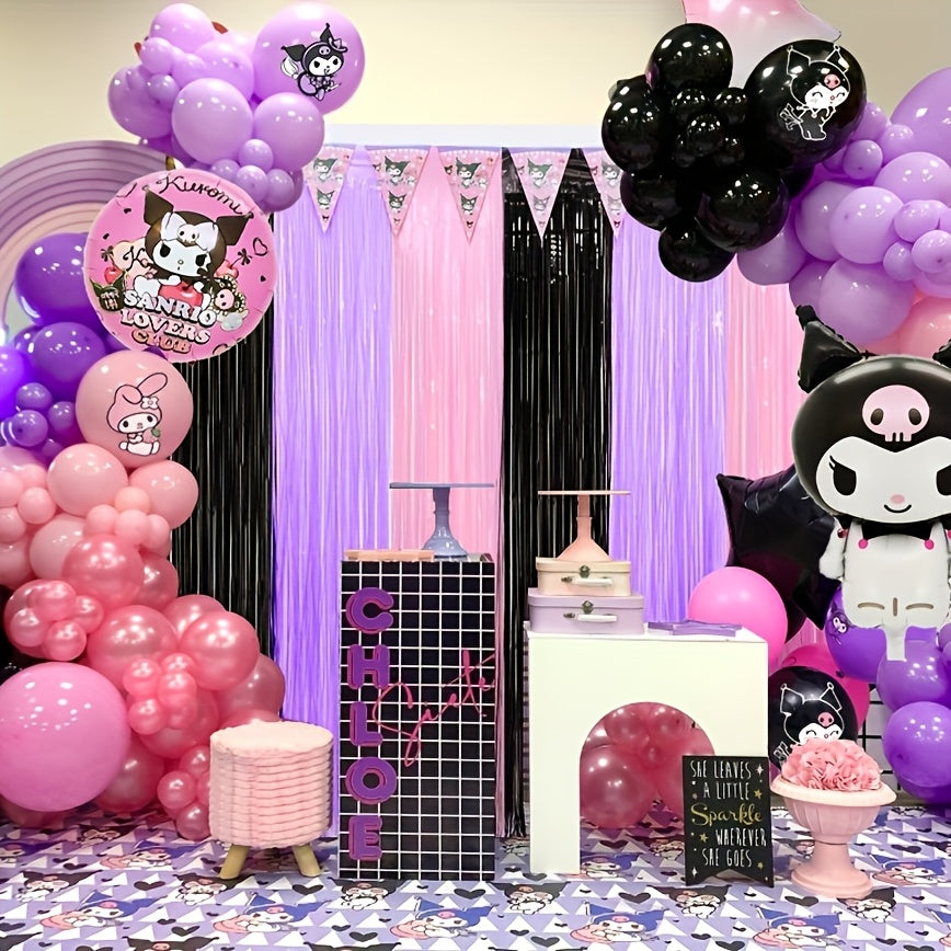 Kuromi Birthday Party Decorations, 1/2/4pcs Kuromi Party Photo Booth Props, Hot Pink Teal Pink Fringed Background with Tinsel Photo Streamers for Kuromi Birthday Party Supplies