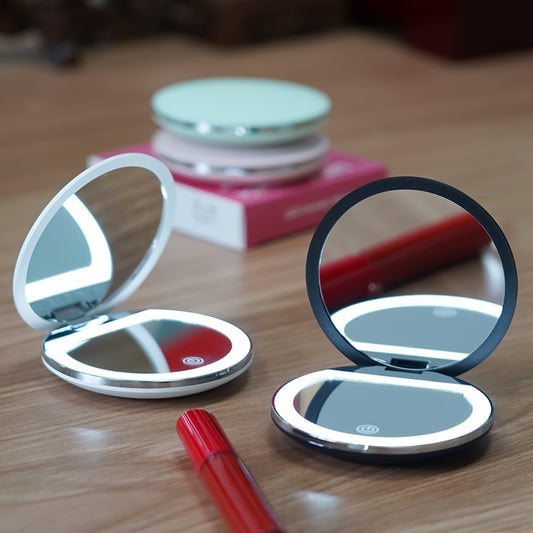 Portable LED Travel Makeup Mirror - Double Sided, Handheld, 2X/5X Magnification, Compact, Folding, Enlarged One Side, Pocket, Purse, Gift Ready