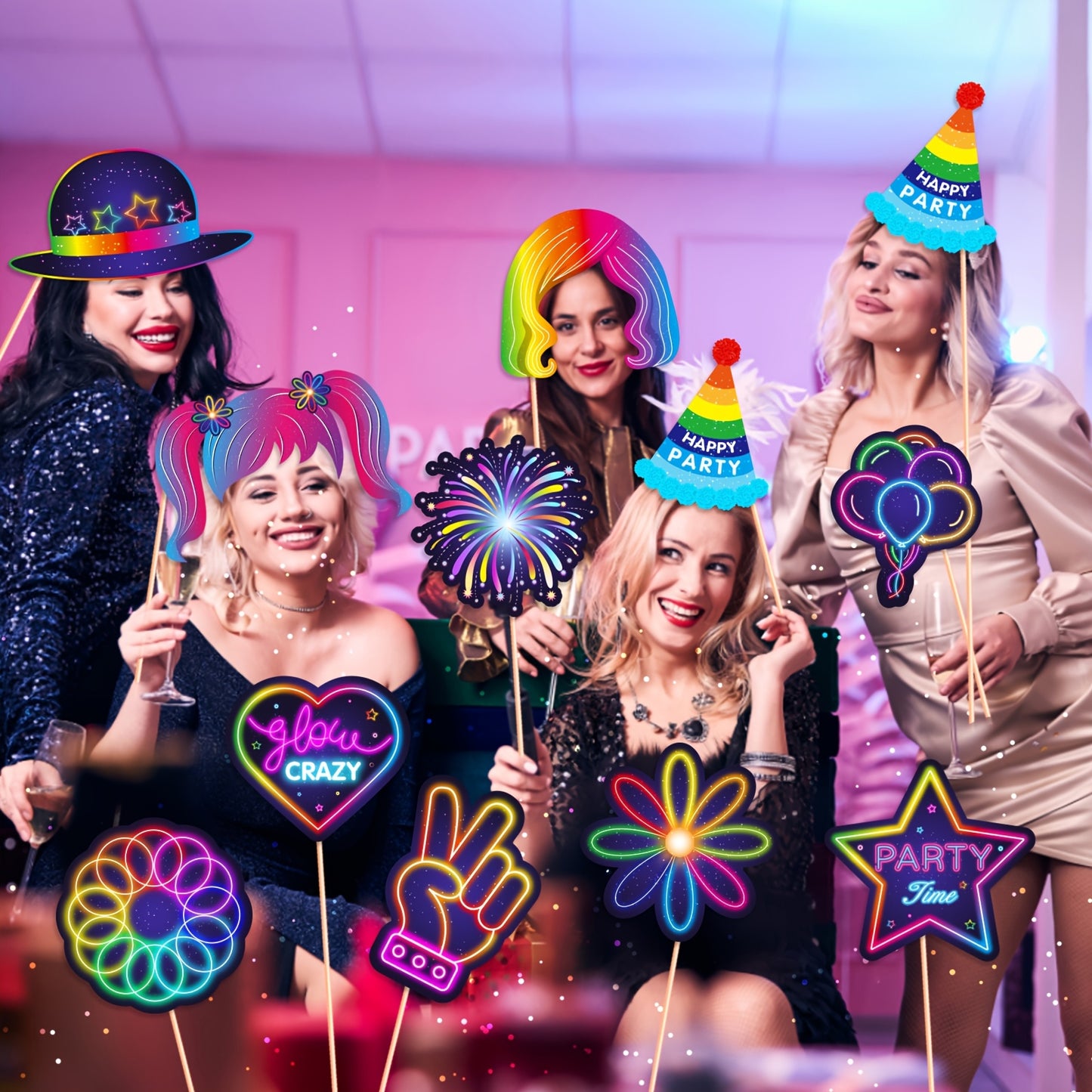 [25pcs Luminous Props] 25pcs Luminous Party Photo Booth Props | Vibrant Birthday Party Decorations, Carnival Party Decorations, Celebration Essentials, Paper Party Props