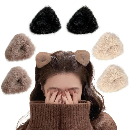 6pcs GUIJUI Honey Girl Plush Cat Ear Hair Clips, Cute Fuzzy Side Clip Bangs Grip Accessories, Solid Color, Resin, for Women, Suitable for Daily & Casual Wear, Over 15 Years Old
