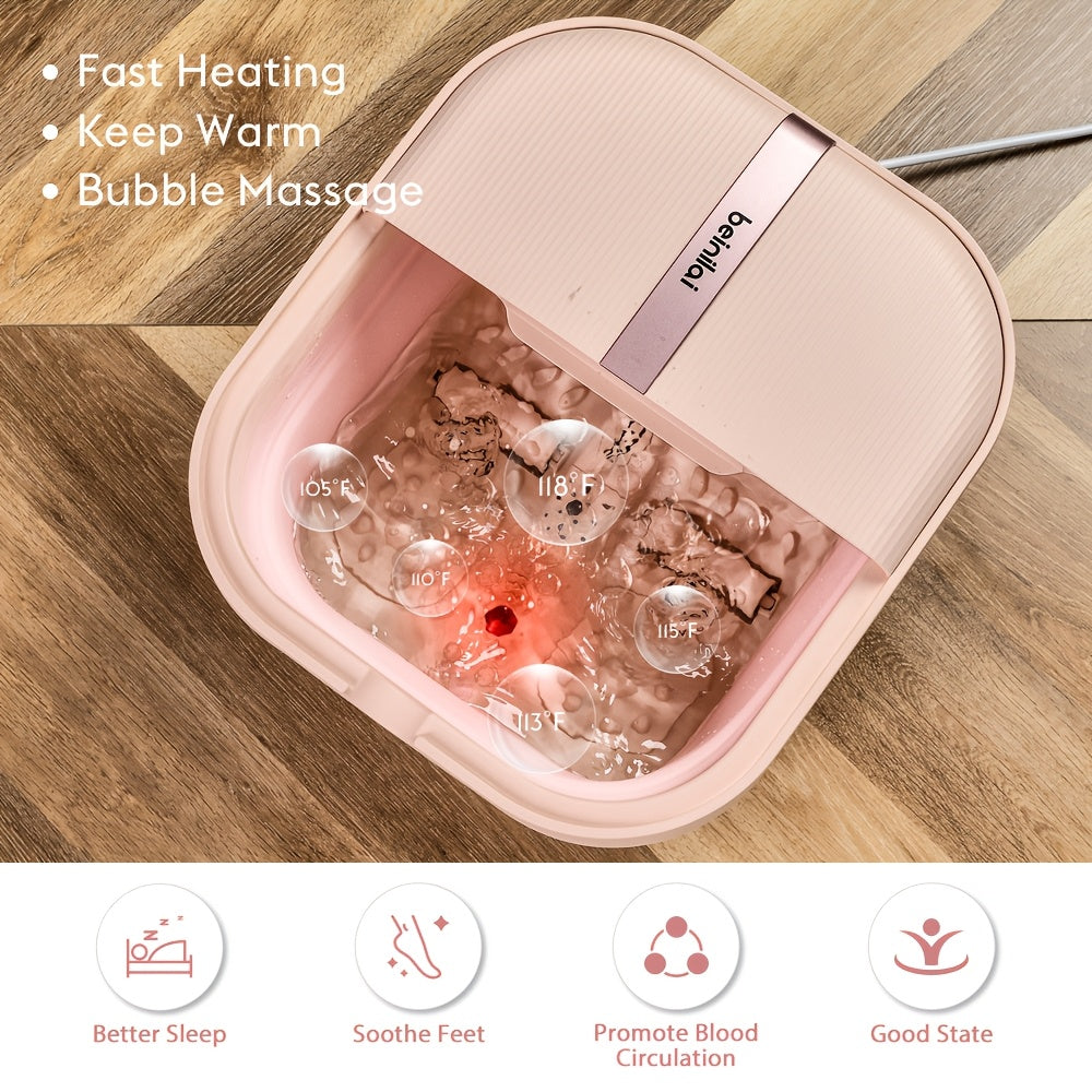 Foot Bath Spa Pool with Heating, Bubble Massage and Vibration Functions, Foldable Foot Bath, 2 Foot Roller, Acupressure Massage Points, Red Light and Foot Scrubber