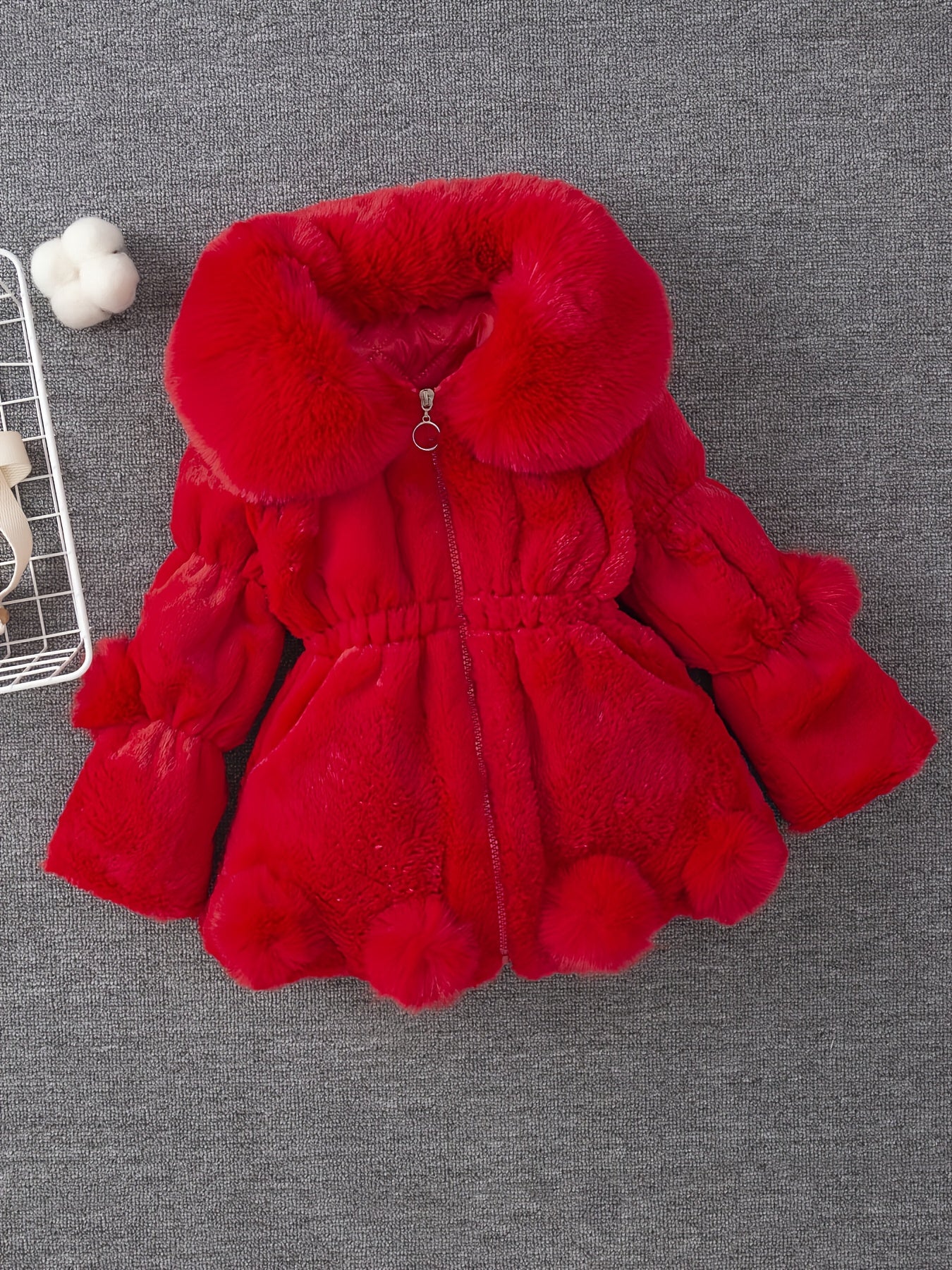 Girls' Winter Coat with Plush Fur-Lined Hood - Thick Fleece-Lined Zipper Front, Flared Hem & Pom-Pom Details, Cute Solid Color Outerwear for Fall/Winter, Cozy Warm Jacket for Cold Weather, Cozy Winter Wear, Playful Design, So