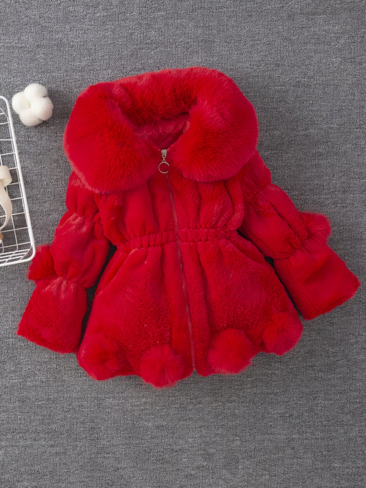 Girls' Winter Coat with Plush Fur-Lined Hood - Thick Fleece-Lined Zipper Front, Flared Hem & Pom-Pom Details, Cute Solid Color Outerwear for Fall/Winter, Cozy Warm Jacket for Cold Weather, Cozy Winter Wear, Playful Design, So