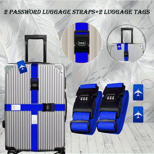 4pcs Fashion Luggage Set: 2 Suitcase Straps + 2 Bag Tags with Password Lock, Adjustable Anti-Theft Straps for Quick Identification – Perfect for Carry-Ons, Trolley Bags & Backpacks – Ideal Holiday Gift