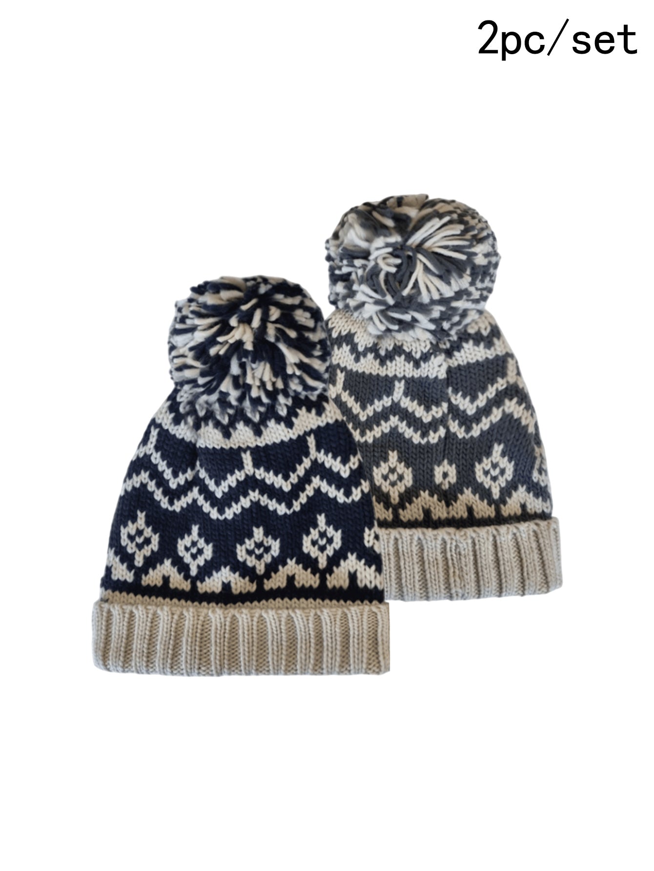 2-Pack Nordic Knit Beanie Hats with Pom-Poms