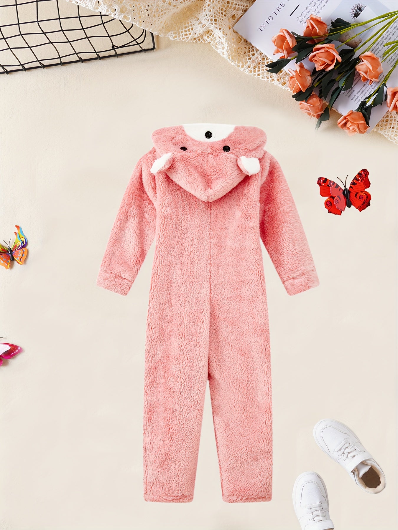 Pink Polar Bear Hooded Romper for Girls | Casual Knit Polyester, Long Sleeve, Loose Fit, Fall/Winter Sleepwear | Playful Design, Winter Sleepwear, Polar Bear Accessories