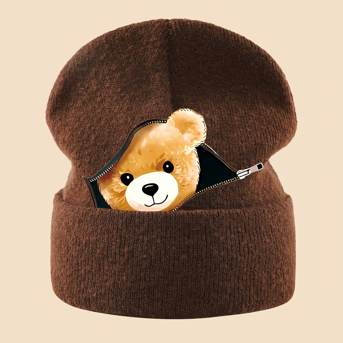 1pc Warm Skull with Zipper Bear Print, Unisex Loose-Fit Beanie for Men and Women - Cozy Fall/Winter Cold Weather Protection, Versatile Casual Hat for Commuting, Travel & Holiday Gifts, Fashionable Headwear, Perfect For Outdoo