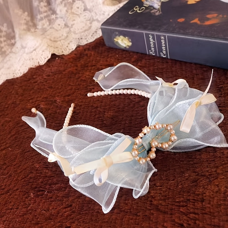 Elegant Light Blue Mesh Bow Headband - Chic, Faux Pearls & Heart Accent, 1pc, Perfect for Women, Parties or Special Occasions