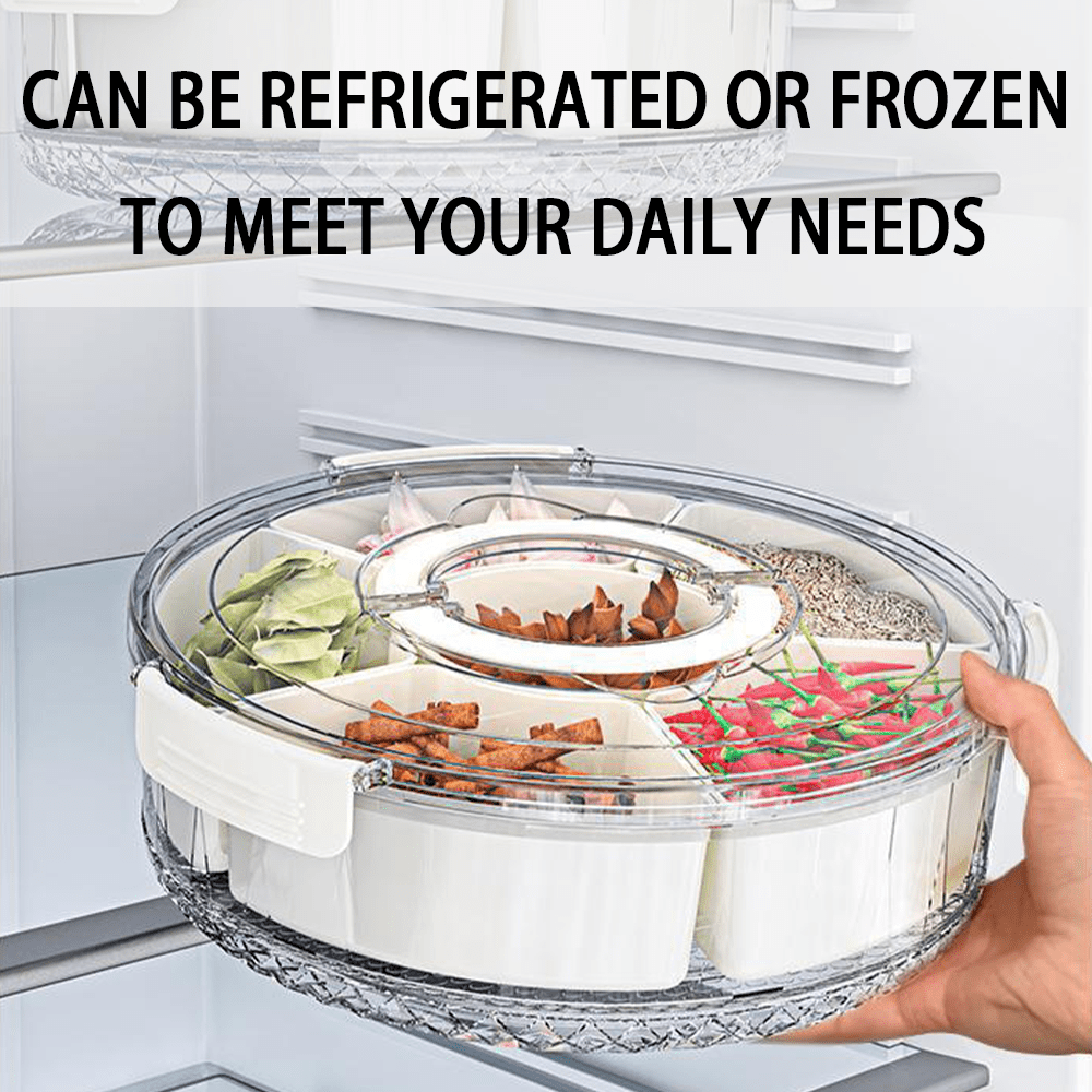 Rotating Snack Containers, High Capacity Divided Fruit Veggie Tray with 6 Compartments,