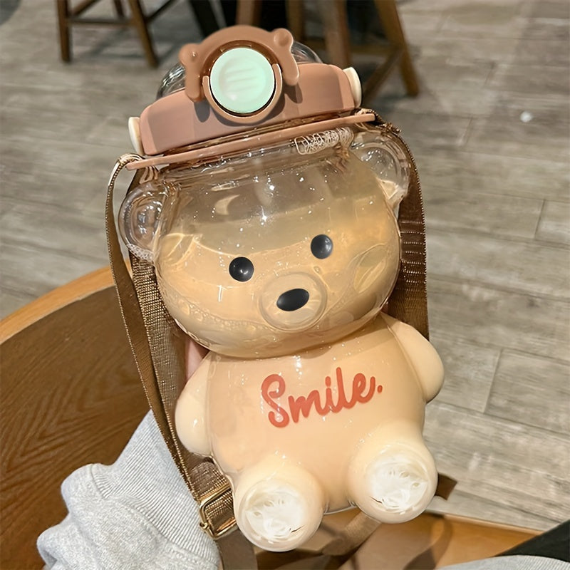 1pc Cute Bear Handheld Water Bottle, 34 oz/1000ml Large Capacity, PC Material, Flip Top, Straw Lid, Uncharged - Ideal for Milk, Tea, and More