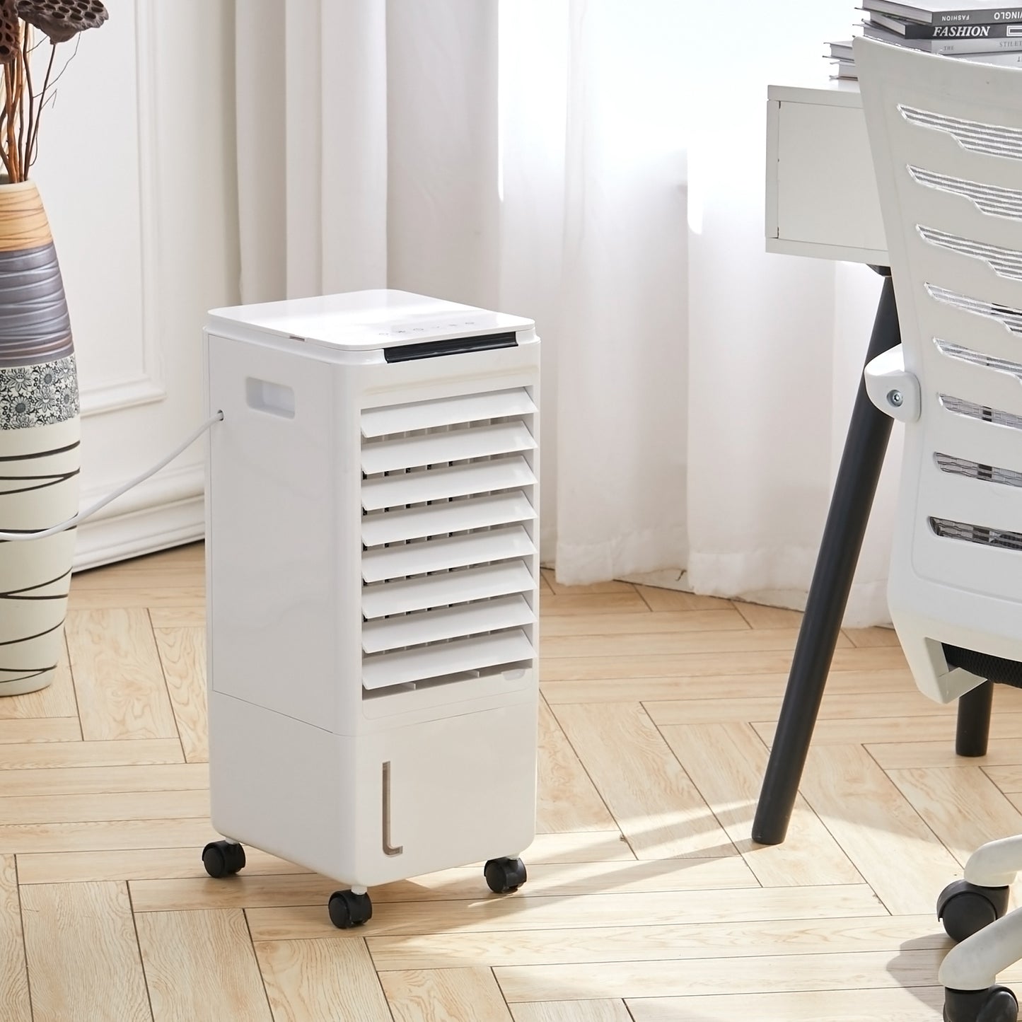 Evaporative Air Cooler, Room Cooler with 2 Ice Trays, 4 In 1 Air Cooler Cool Fan Humidifier Air Purifier, Evaporative Cooler for Home Office, Cooler Fan with Wheel, 7L Water Tank