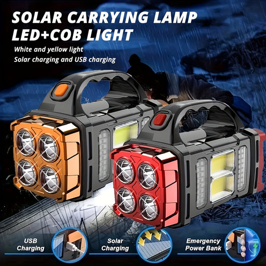 Portable Solar And USB Rechargeable LED Lantern Flashlight, 1500 Mah Nickel Battery, Tactical COB Work Light, 4 Modes, Emergency Power Bank Function, Ideal for Camping