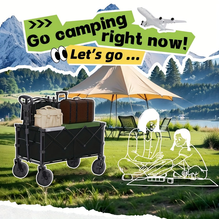 Heavy-Duty Foldable Utility Cart For RV Camping All-Terrain Large-Wheel Beach Wagon With Cup Holder, Multi-Purpose Hauler For Groceries, Sports Gear, Shopping Outdoor Activities