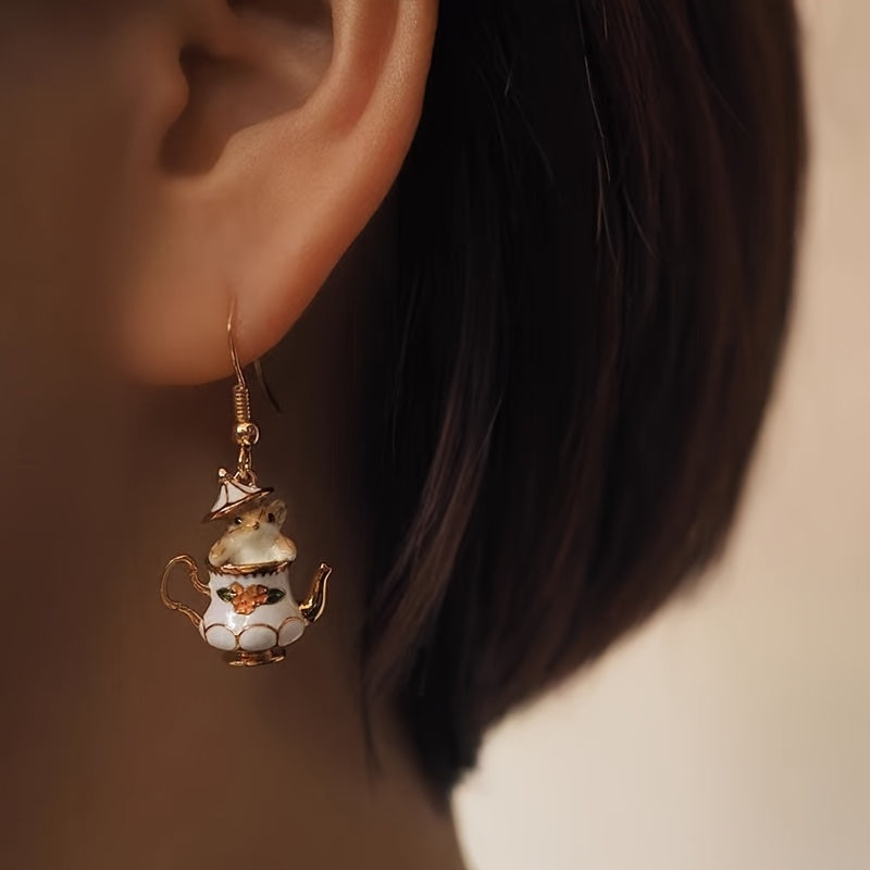 Pair of Whimsical Teapot & Mouse Enamel Dangle Earrings - Elegant Vintage-Inspired Zinc Alloy, Golden-Tone Finish for Casual Attire, Quirky Earrings