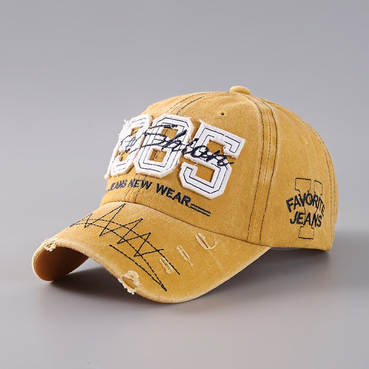 Vintage Distressed 1985 Baseball Cap - Lightweight Polyester Dad Hat with Geometric Lines & Faded Jeans Design, Stretch Fit for Outdoor Sports, Gym, Parties - Gift for Dad, Men, Casual Wear