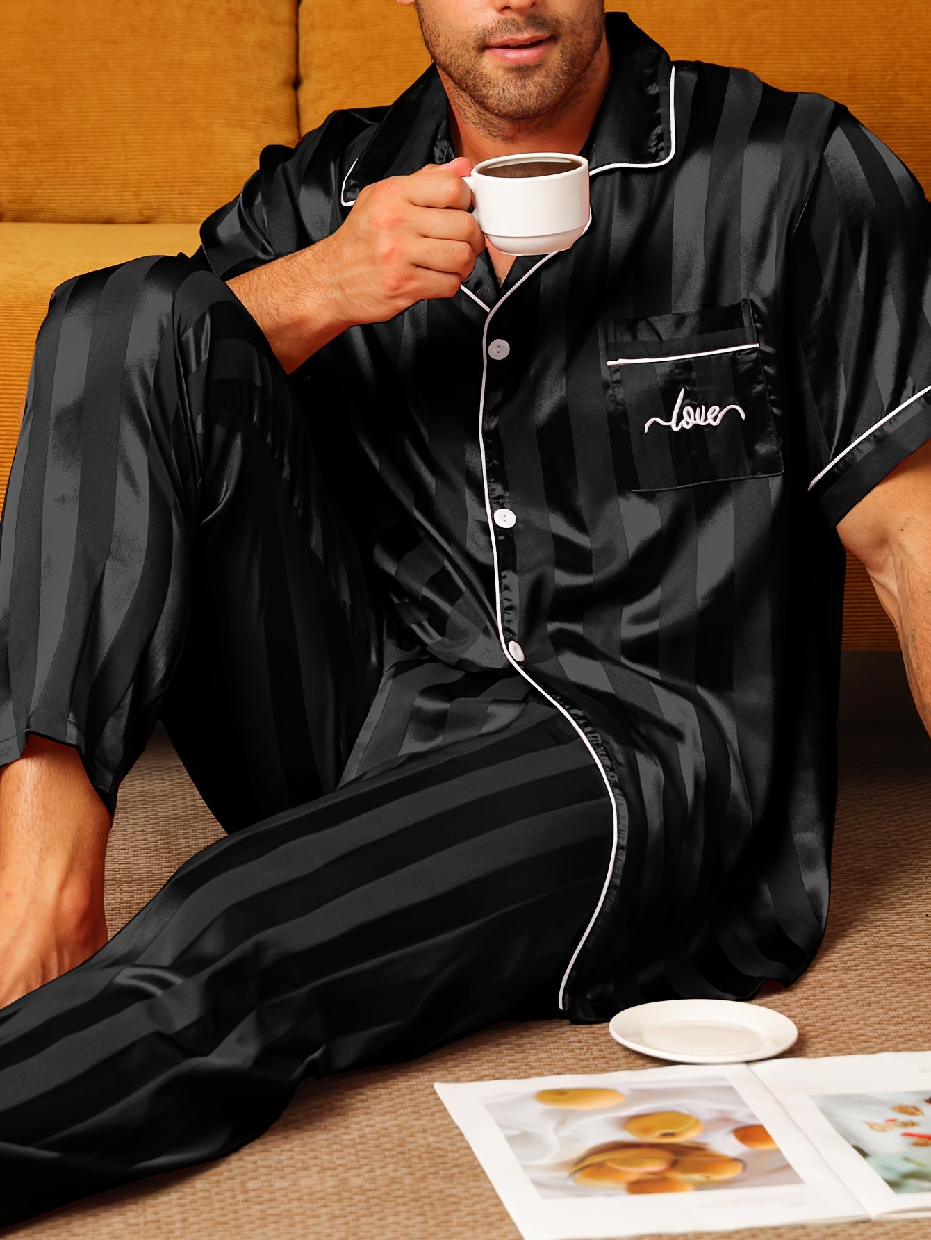 2pcs Men'S Pajama Set Short Sleeve Long Pants Thin Stripes with Embroidered Letters Summer Collar Cardigan Home wear Set