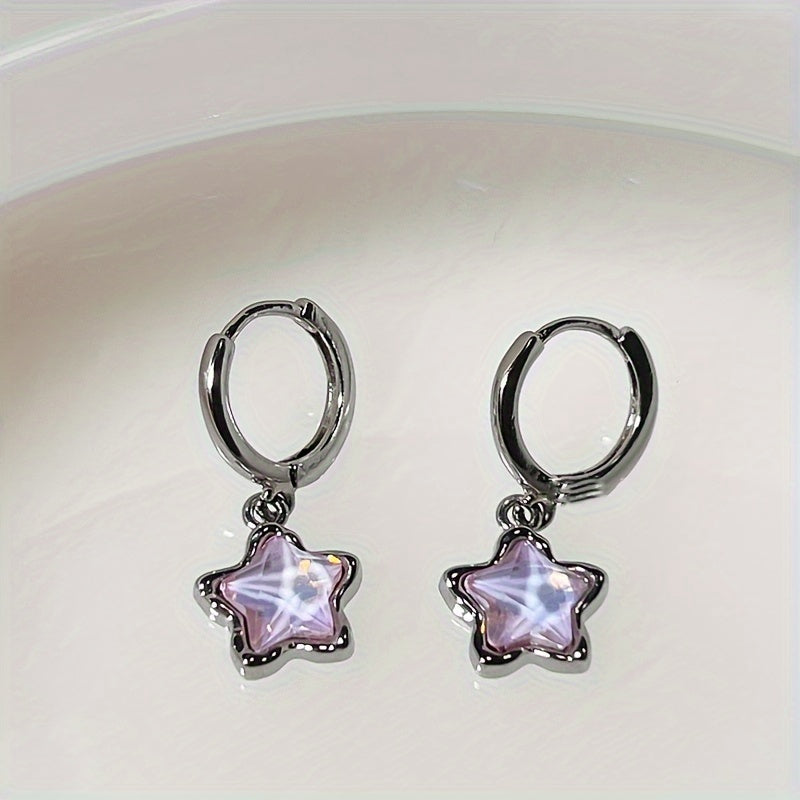 Pretty Pink Star Pendant Hoop Earrings Alloy Jewelry Synthetic Gems Inlaid Elegant Leisure Style for Women Dating Earrings, Gift for Eid, Ramadan