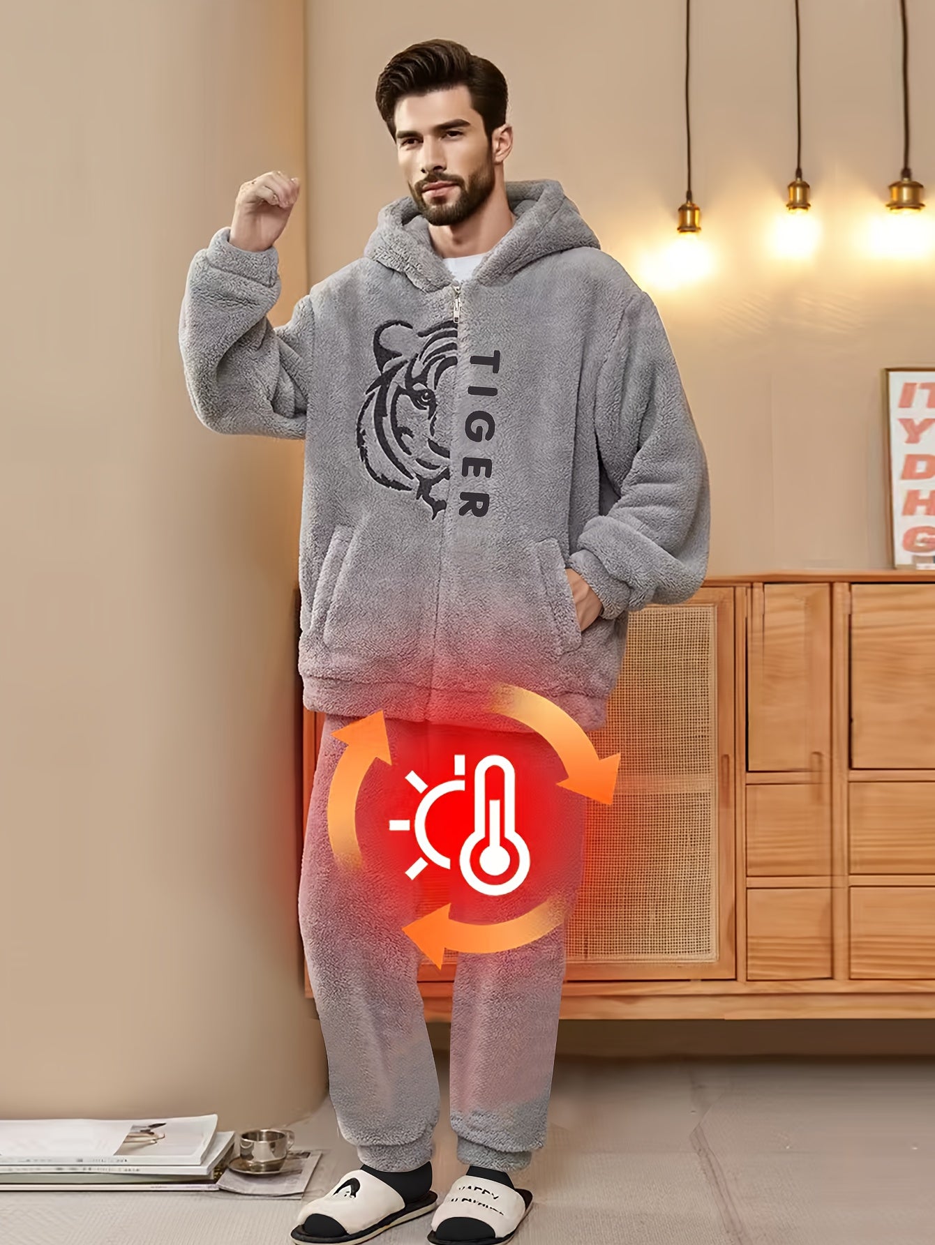 Flannel 2025 Winter New 2-Piece Tiger Embroidered Long Pants Loungewear Set.