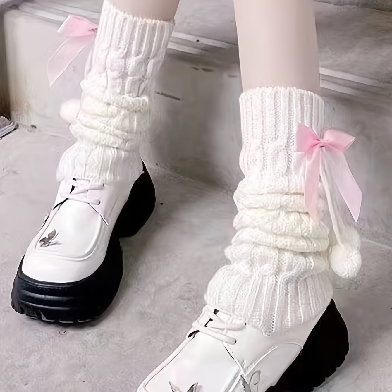 1 Pair Women'S Sweet Cute Pink Bowknot Pom Pom Knit Leg Warmers - Cozy & Versatile, Acrylic 90.0% Spandex 10.0%, Hand Washable, Knee-Length Design with Bow Detail, Warm Knit Leggings|Playful Fashion|Knitted Leggings