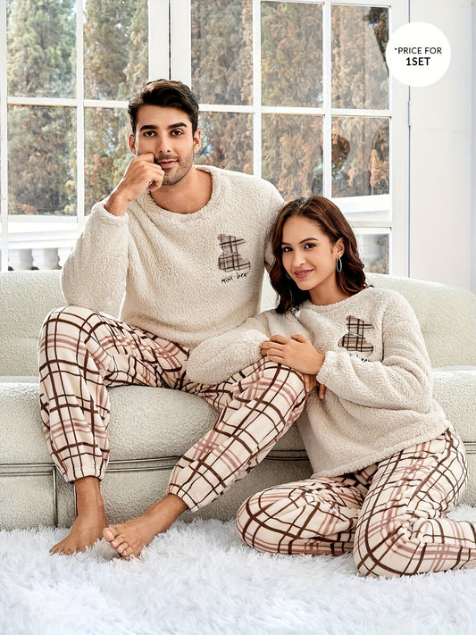Checkered Pattern Couple Style Autumn Winter Plush Set, Long Sleeve and Pants for Men or Women.