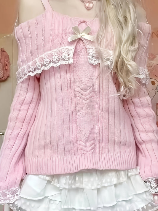[Solid Color Slight Stretch Sweater] Cute Off the Shoulder Knitted Sweater, Long Sleeve Solid Color Pullover with Contrast Lace, Viscose Material, Slight Stretch, Regular Length, Fall/Winter Season